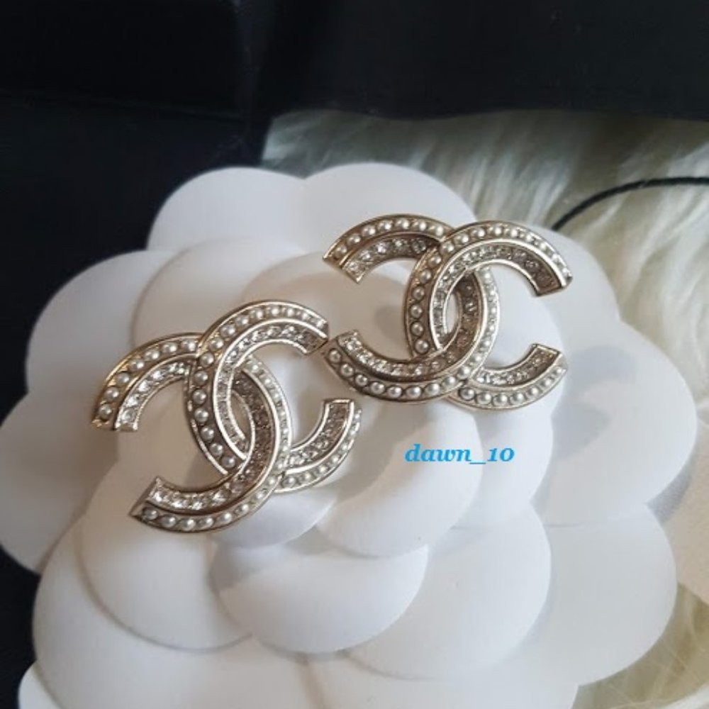 Chanel XL Pearl Crystal CC Earrings, Gold